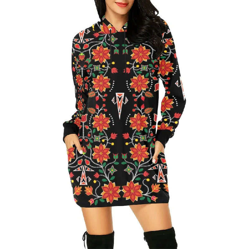 Floral Beadwork Six Bands Hoodie Dress Hoodie with Front Slit Layering Stylish