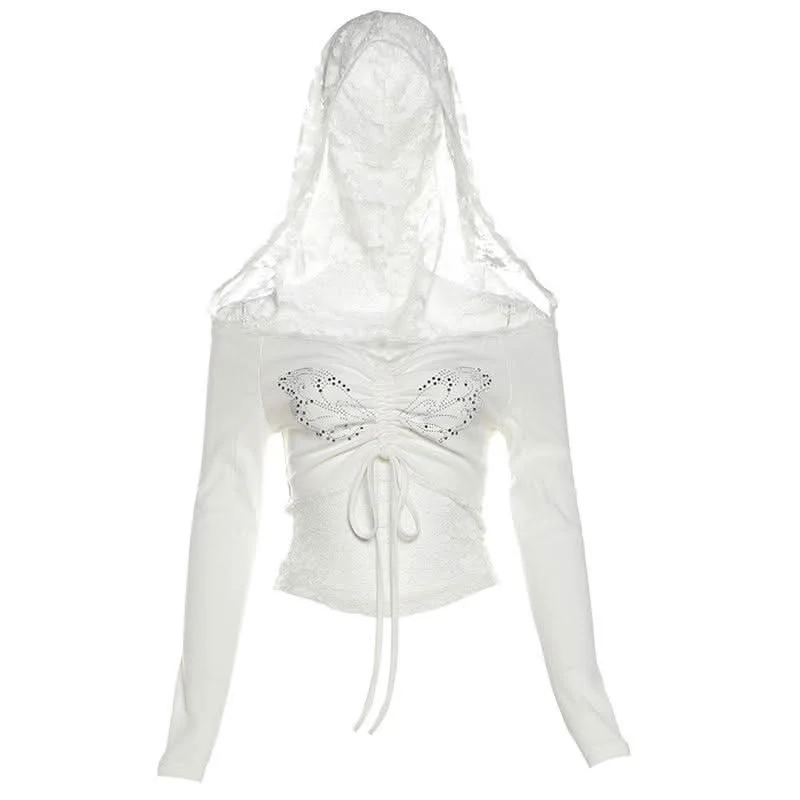 Hoodie off shoulder long sleeve lace beaded drawstring top Hoodie with Hem Elastic Stretchable Comfortable Hoodie off shoulder long sleeve lace beaded drawstring top Hoodie with Hem Elastic Stretchable Comfortable