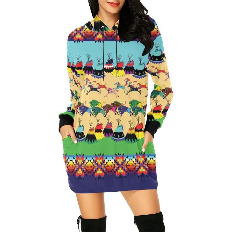 Horses and Buffalo Ledger Blue Hoodie Dress Hoodie with Tie-Dye Psychedelic Retro