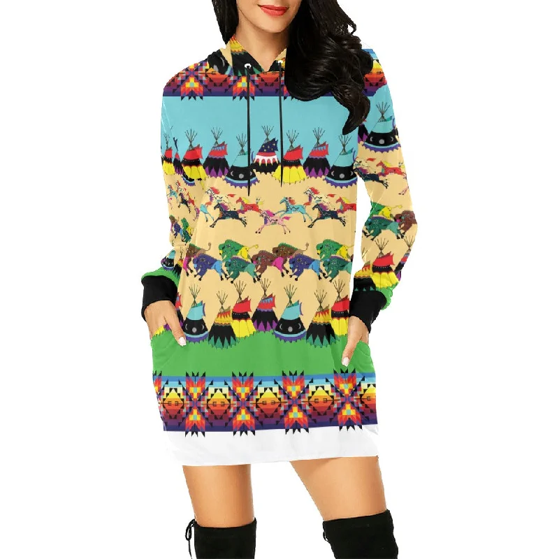 Horses and Buffalo Ledger White Hoodie Dress Hoodie with Bell Sleeves Flared Feminine