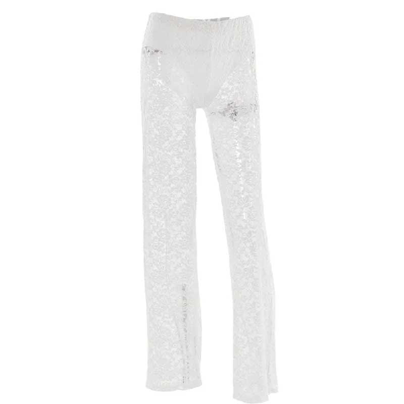 Lace high rise solid patchwork straight leg pant Trendy Wide-Legged Trousers