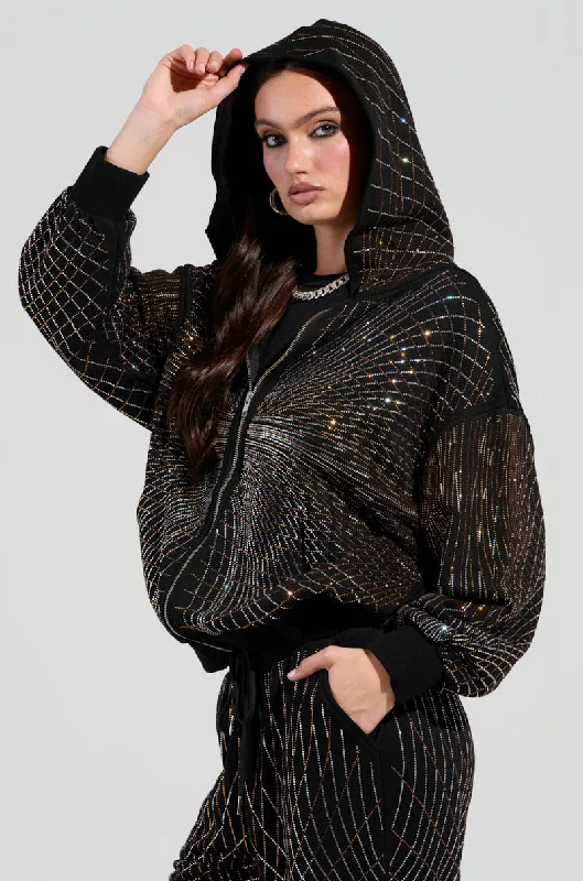 LIGHTS, CAMERA, ACTION! EMBELLISHED ZIP UP SWEATSHIRT Hoodie with Hem Detail Decorative Unique