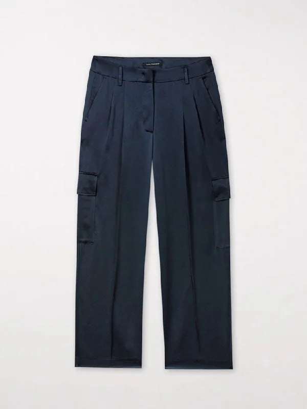 Luisa Cerano Satin Cargo Pants Petrol Blue Comfy Zip-Up Pants