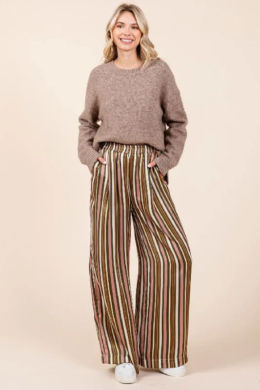 Mittoshop Striped Satin Elastic Waist Wide Leg Pants Soft Stretch Trousers