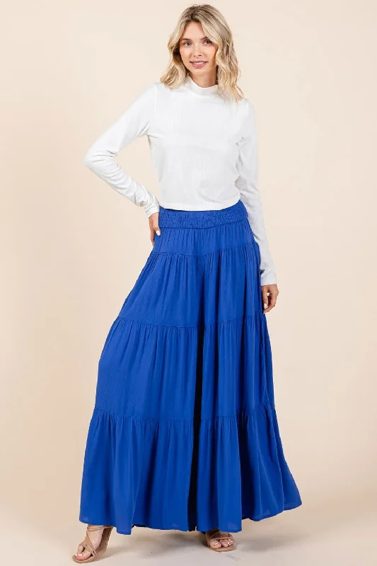 Mittoshop Tier Detail Smocked Elastic Waist Wide Leg Pants In Cobalt Casual Plaid Pants