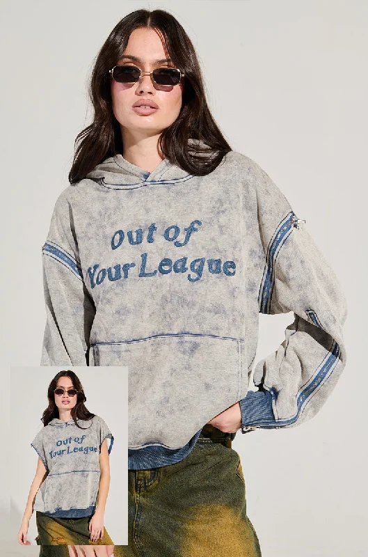 OUT OF YOUR LEAGUE HOODIE Hoodie with Exposed Zipper Edgy Industrial