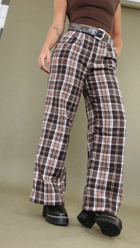 Plaid Straight Leg Pants, Brown Soft Stretch Pants