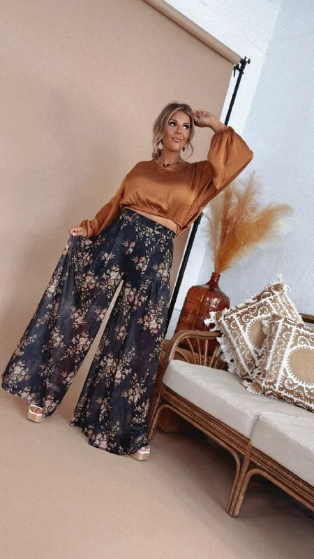 Forever Floral Mesh Wide Leg Pant, Black Comfortable Wide-Leg Pants