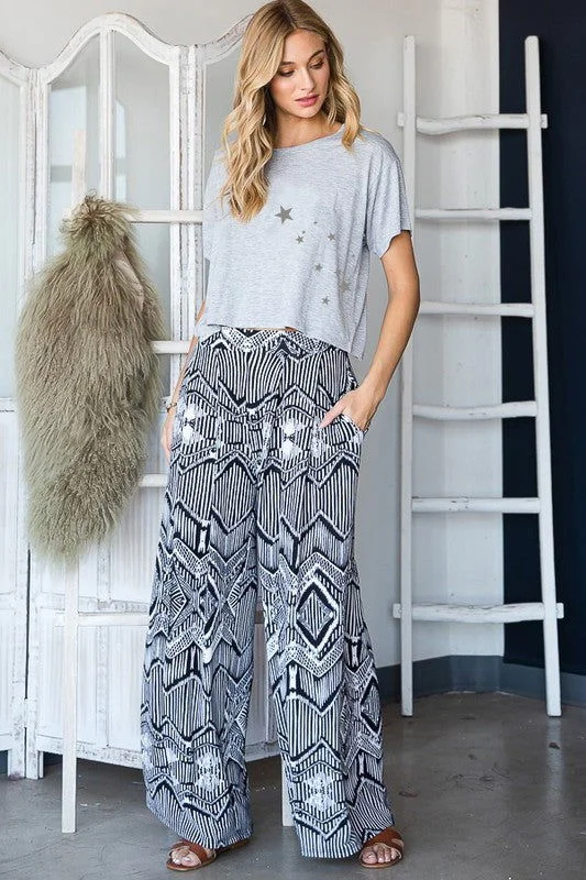 Retro Vintage Print Wide Pants With Pocekts Plus Comfortable Denim Trousers