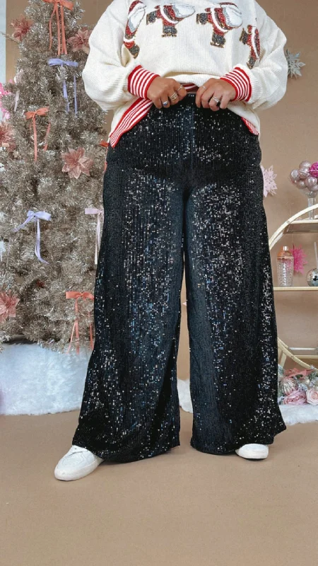 Sequins Flared Pants, Black Comfy Athletic Pants