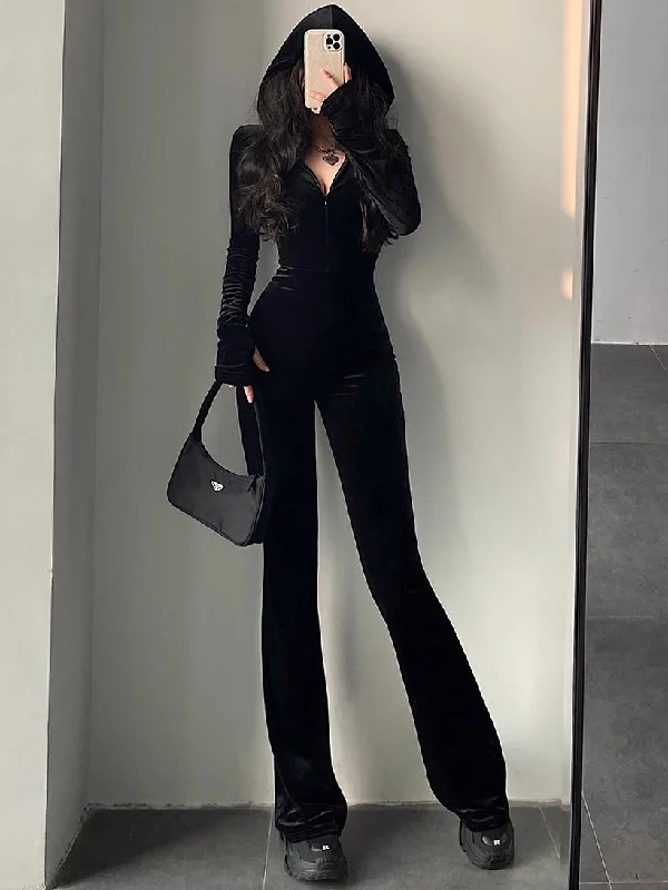 Sienna Solid Color Black Velour Long Sleeve Hooded Zip Up One Piece Jumpsuit Hoodie with Rhinestones Sparkly Elegant Sienna Solid Color Black Velour Long Sleeve Hooded Zip Up One Piece Jumpsuit Hoodie with Rhinestones Sparkly Elegant