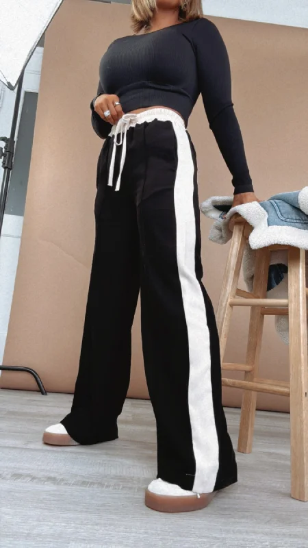 Starting Line Up Striped Straight Leg Pants, Black Trendy Velvet Pants