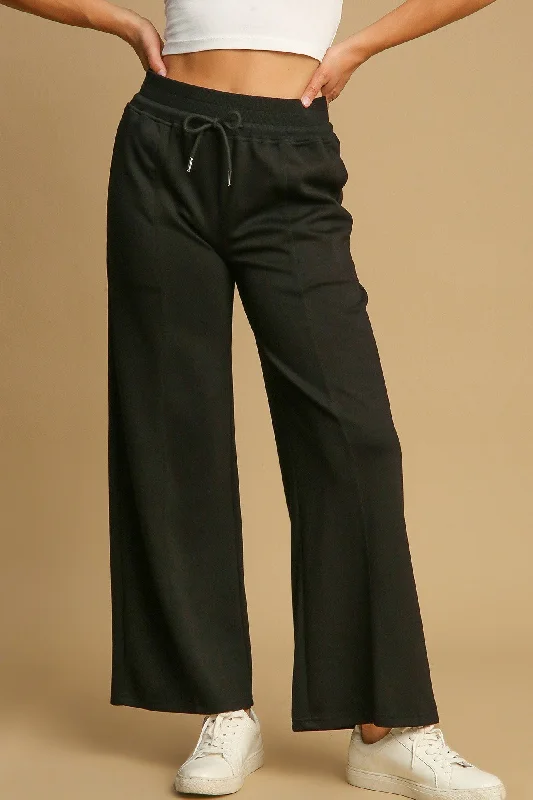 Umgee Drawstring Wide Leg Pants with Pockets - Black Classic Straight-Leg Pants