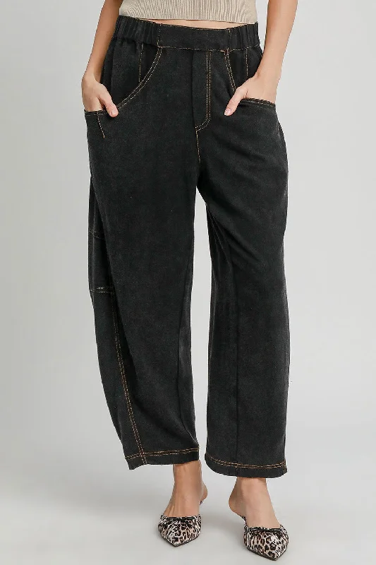 Umgee Elastic Waist Baggy Fit Pants with Pockets - Black Formal Linen Trousers