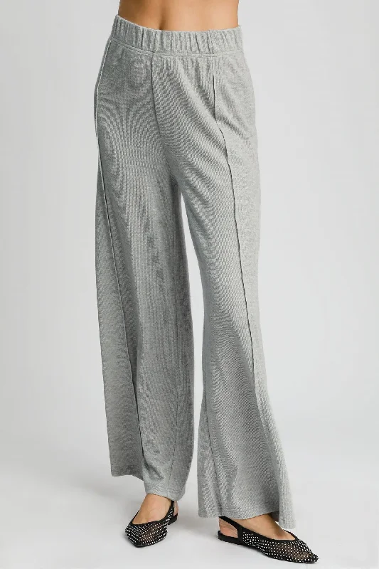 Umgee Elastic Waist Wide Leg Knit Pants - Gray Trendy Velvet Pants