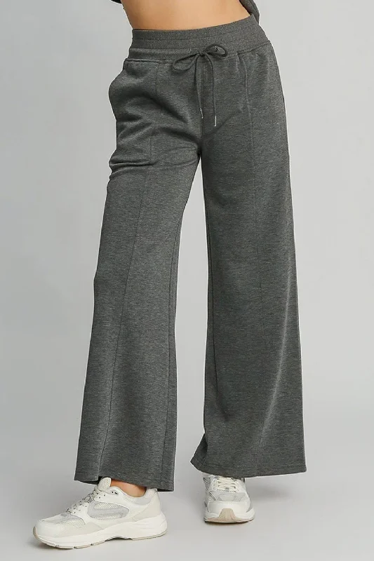 Umgee Full Size Drawstring Wide Leg Pants with Pockets - Charcoal High-Waist Trousers