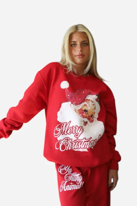 Friday + Saturday Vintage Santa Sweatshirt in Red Hoodie with Frayed Bohemian Relaxed