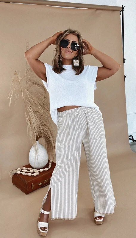 Striped Linen Pants, Taupe Trendy Velvet Pants