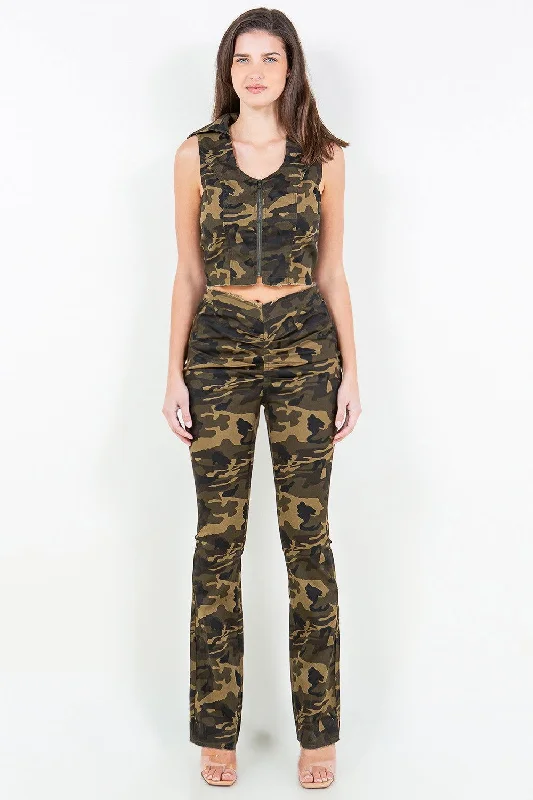 American Bazi V-Cut Ruched Camo Flare Pants Trendy Work Pants