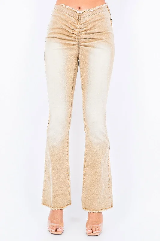 American Bazi V-Cut Ruched Flare Pants In Tan Warm Wool Trousers