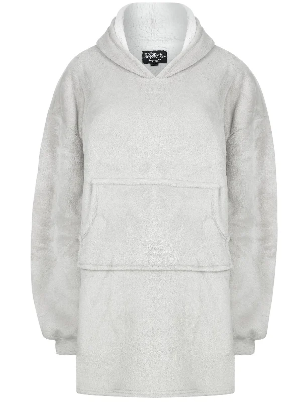 Adult Snuggle Soft Fleece Borg Lined Oversized Hooded Blanket with Pocket in Light Grey Marl  - Tokyo Laundry Hoodie with Hem Elastic Stretchable Comfortable