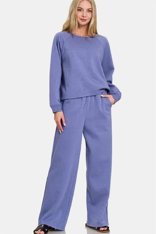 Zenana Round Neck Raglan Sleeve Top and Elastic Waist Pants Set - Blue Comfortable Jogging Pants