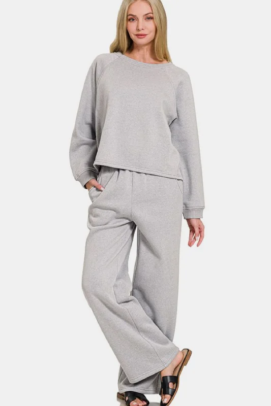 Zenana Round Neck Raglan Sleeve Top and Elastic Waist Pants Set - Gray Formal Linen Trousers