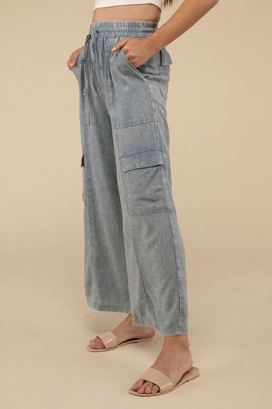 ZENANA Washed Linen Elastic Band Waist Cargo Pants Comfortable Fleece Pants