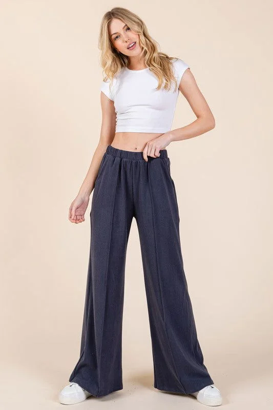 BOMBOM Elastic Waist Wide Leg Pants with Pockets - Navy Relaxed Fit Trousers