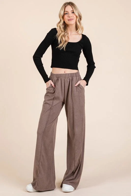 BOMBOM Elastic Waist Wide Leg Pants with Pockets Casual Yoga Pants