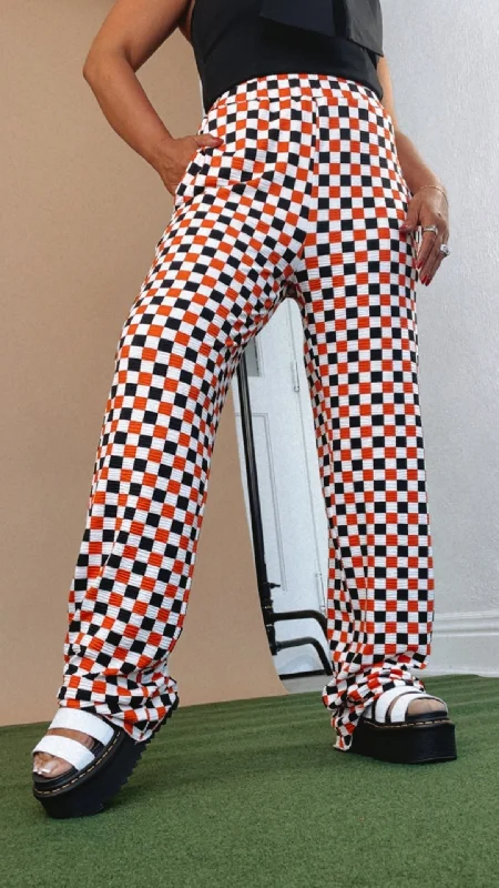 ECB Exclusive : Kickin' It Checkered Pant, Orange/Black Stylish Elastic Waist Pants