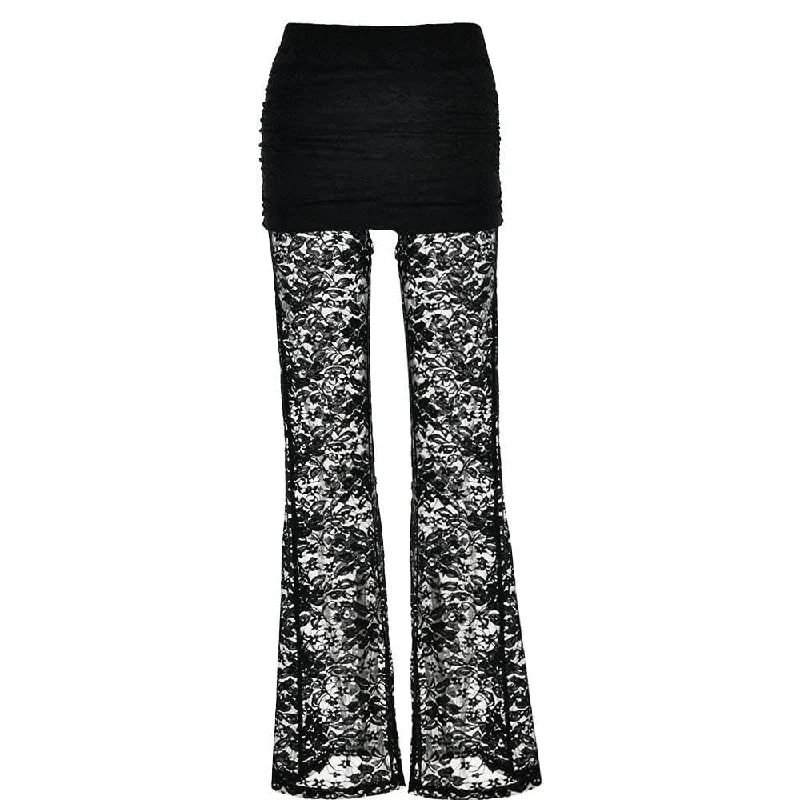 Lace patchwork ruched solid flared pant Casual Track Pants