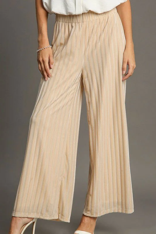 Umgee Elastic Waist Striped Wide Leg Velvet Pants Classic Chino Pants