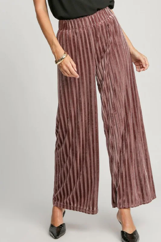 Umgee Full Size Elastic Waist Striped Wide Leg Velvet Pants Formal Dress Pants