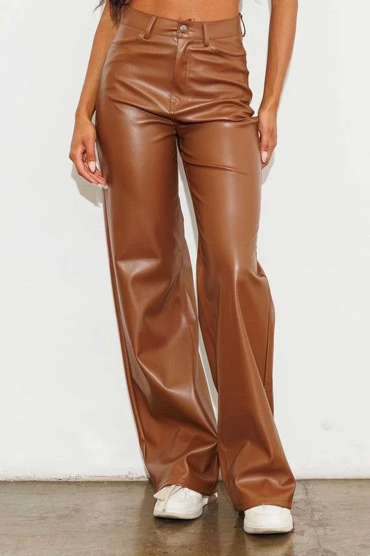 Vibrant MiU Vegan Leather Wide Leg Pants in Cognac Cozy Fitted Pants