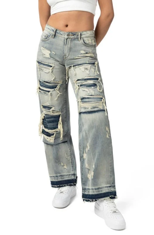 Women's Wide Leg Ripped Jean Stylish Stone-Wash Denim Jeans