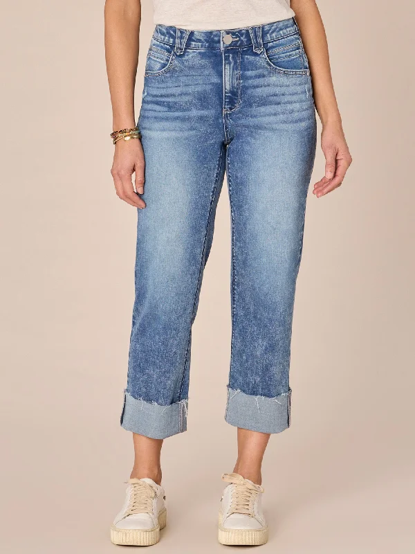 "Ab"solution High Rise Round Up Boyfriend Jean with Raw Hem Casual Bootcut Ripped Jeans