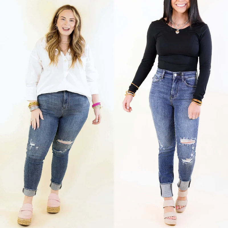 Judy Blue | Daily Chic High Waisted Skinny Jean with Destroyed Knee in Dark Wash Fashionable Slouchy Fit Jeans