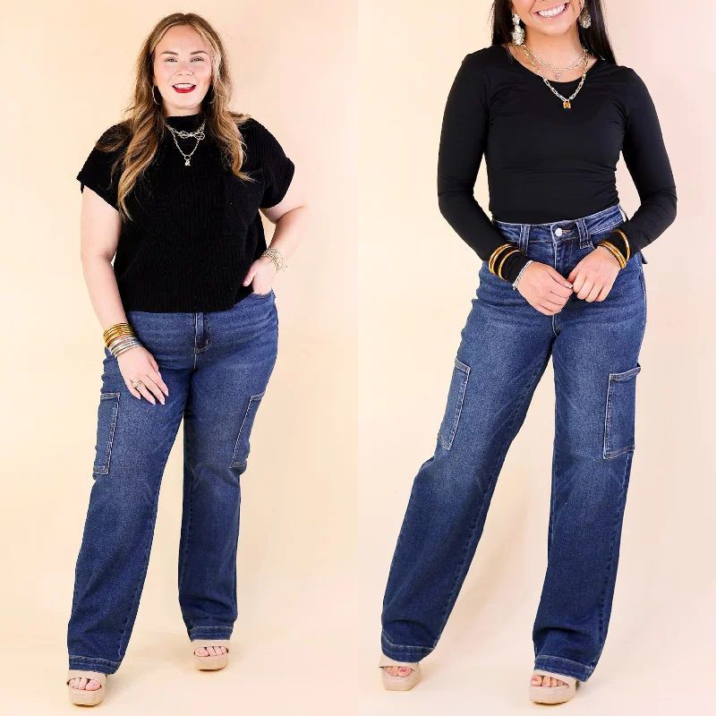 Judy Blue | Downtown Denim High Waisted Wide Leg Cargo Jean in Dark Wash Casual Light Wash Jeans