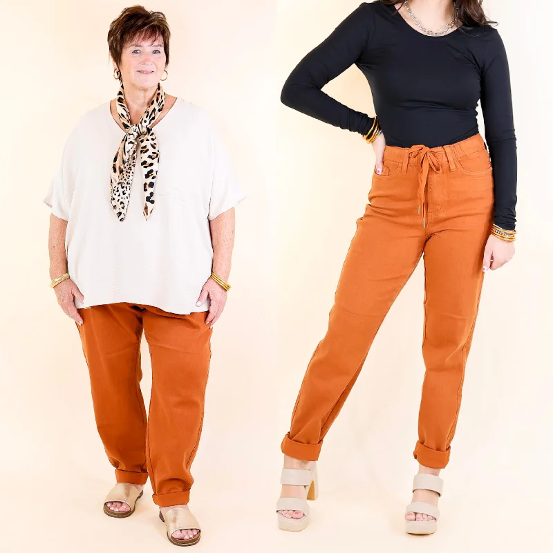 Judy Blue | Keep It A Secret Relaxed Pull on Denim Jean Joggers in Rust Orange Comfortable Low-Rise Jeans