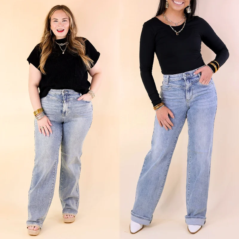 Judy Blue | Retro Revival High Waisted Wide Leg Jean with Front Yoke in Medium Wash Fashionable Button-Front Jeans