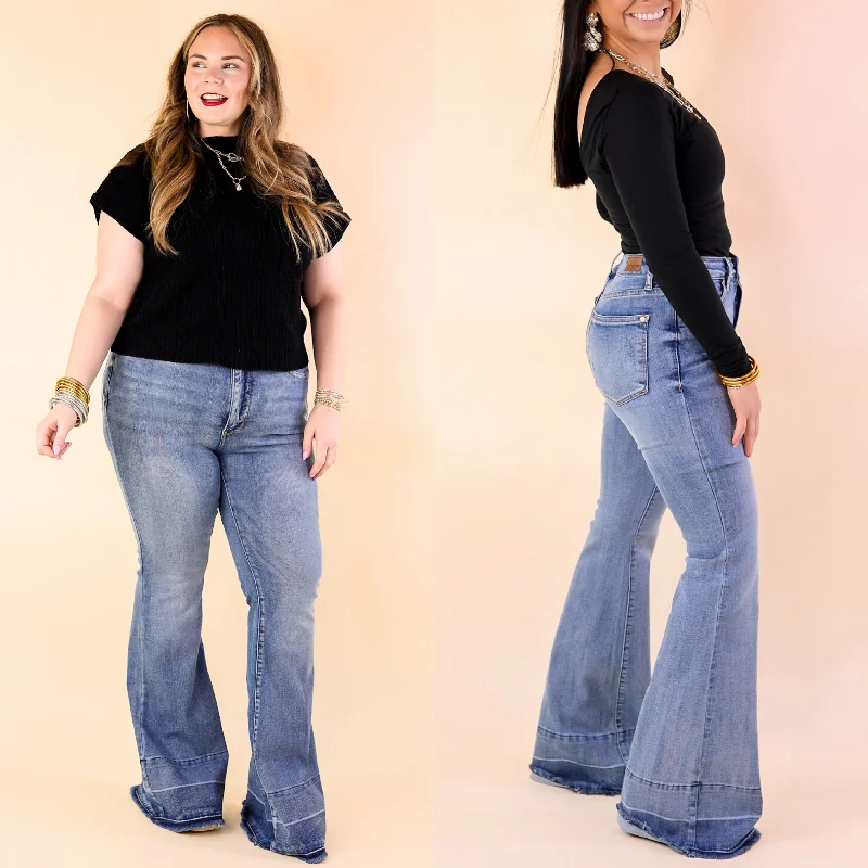 Judy Blue | Bell Bottom Country Tummy Control Flare Jean with Release Hem in Medium Wash Stylish Acid-Wash Jeans