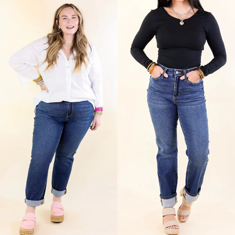 Judy Blue | Weekend Ready High Waisted Cool Denim Boyfriend Jean in Dark Wash Comfortable Drawstring Waist Jeans