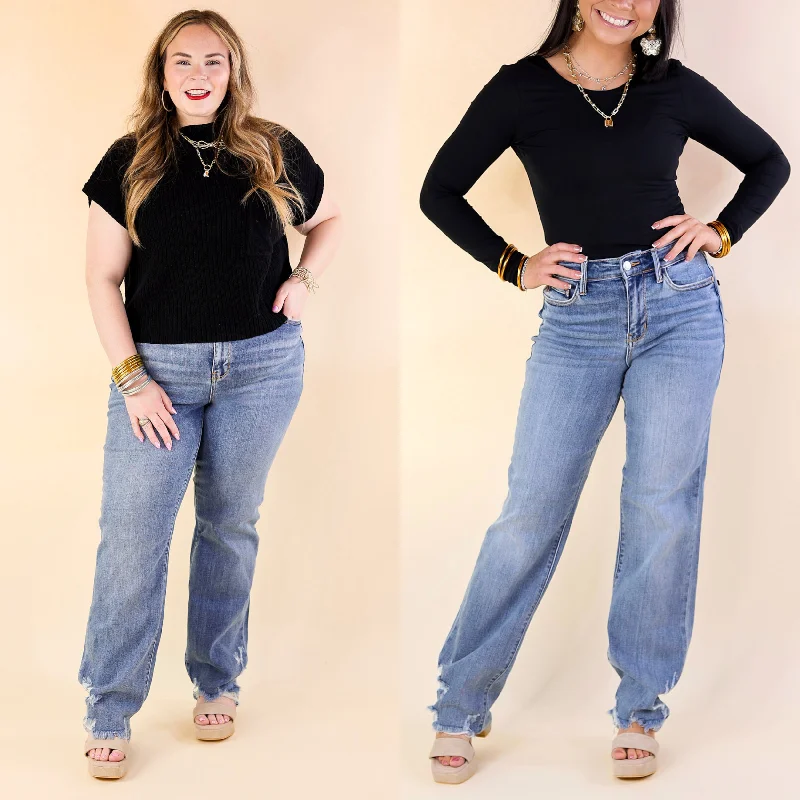 Judy Blue | Weekend Wanderer High Waisted Straight Leg Jean with Destroyed Hem in Medium Wash Casual Distressed Denim Jeans