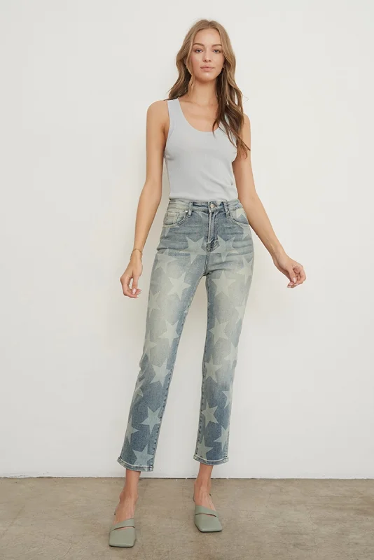 P1272 Nashville Line Birch Star Crop Jean Trendy Button-Up High-Waist Jeans