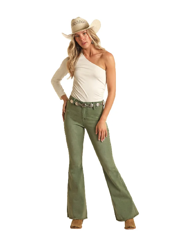 Rock & Roll Denim High Rise Extra Stretch Army Green Flare Jean Stylish High-Waist Jeans