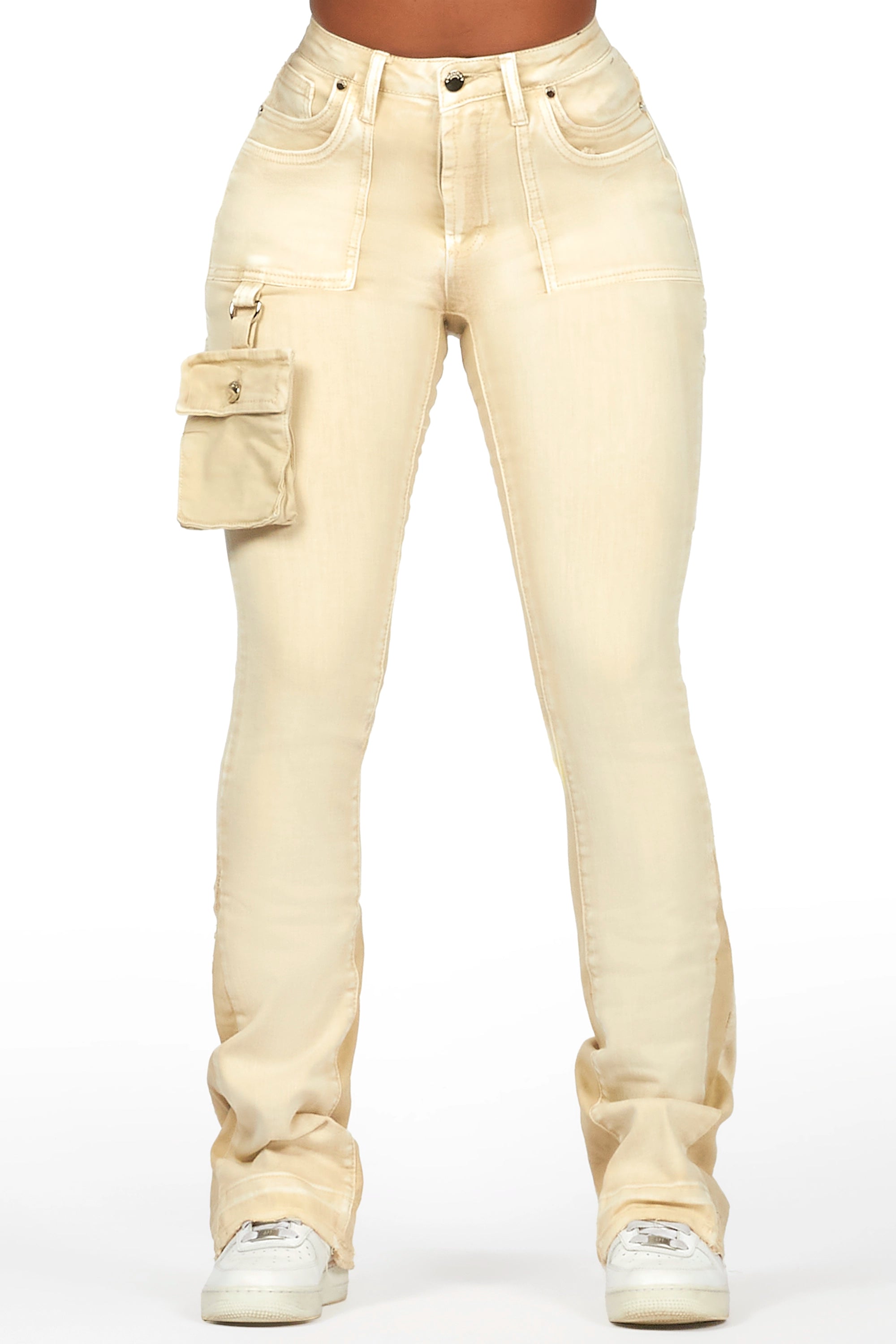 Galexus Beige Stacked Flare Jean Trendy Plus Size Jeans