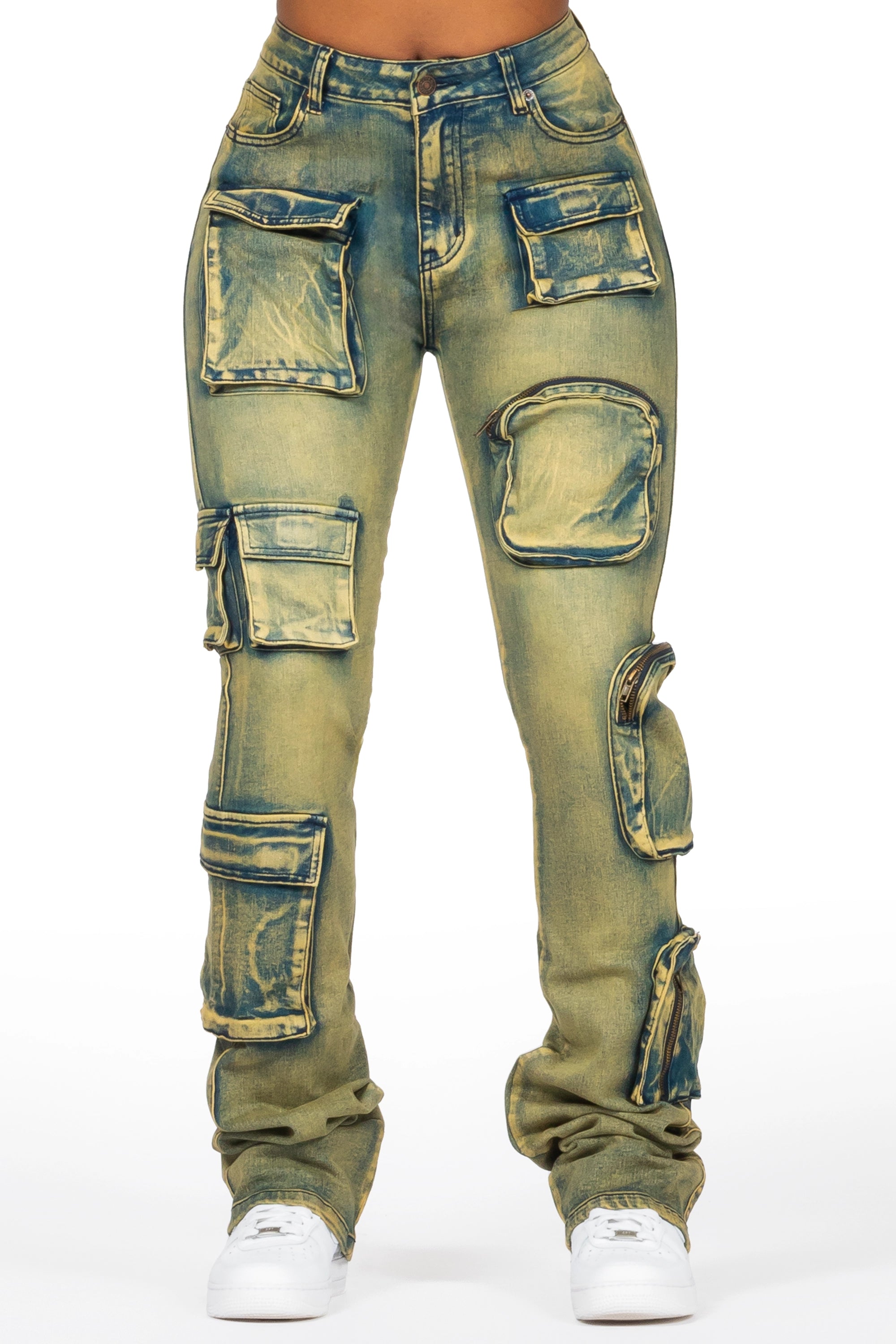 Symone Tinted Dark Wash Cargo Stacked Flare Jean Trendy Skinny High-Waist Jeans