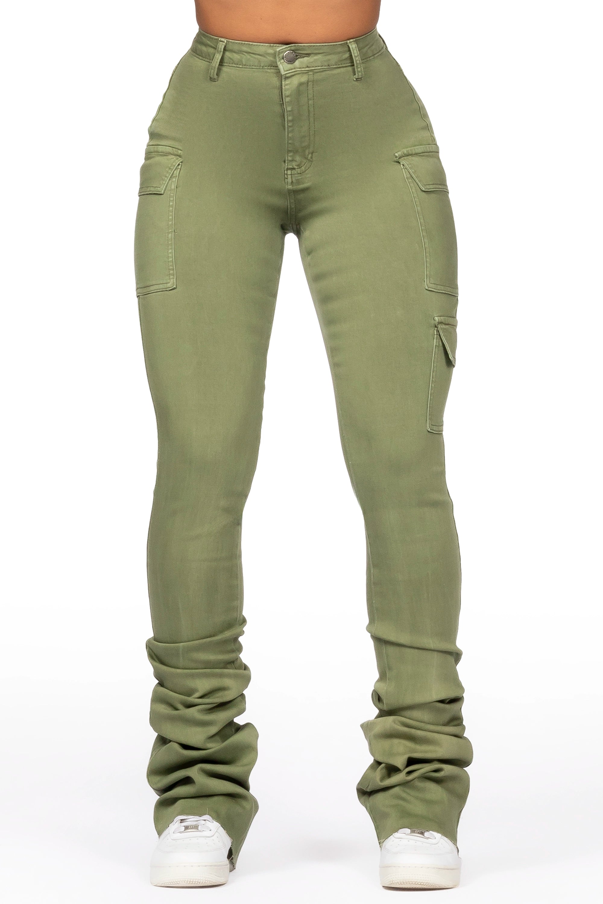 Vixen Olive Cargo Super Stacked Jean Fashionable White Denim Jeans