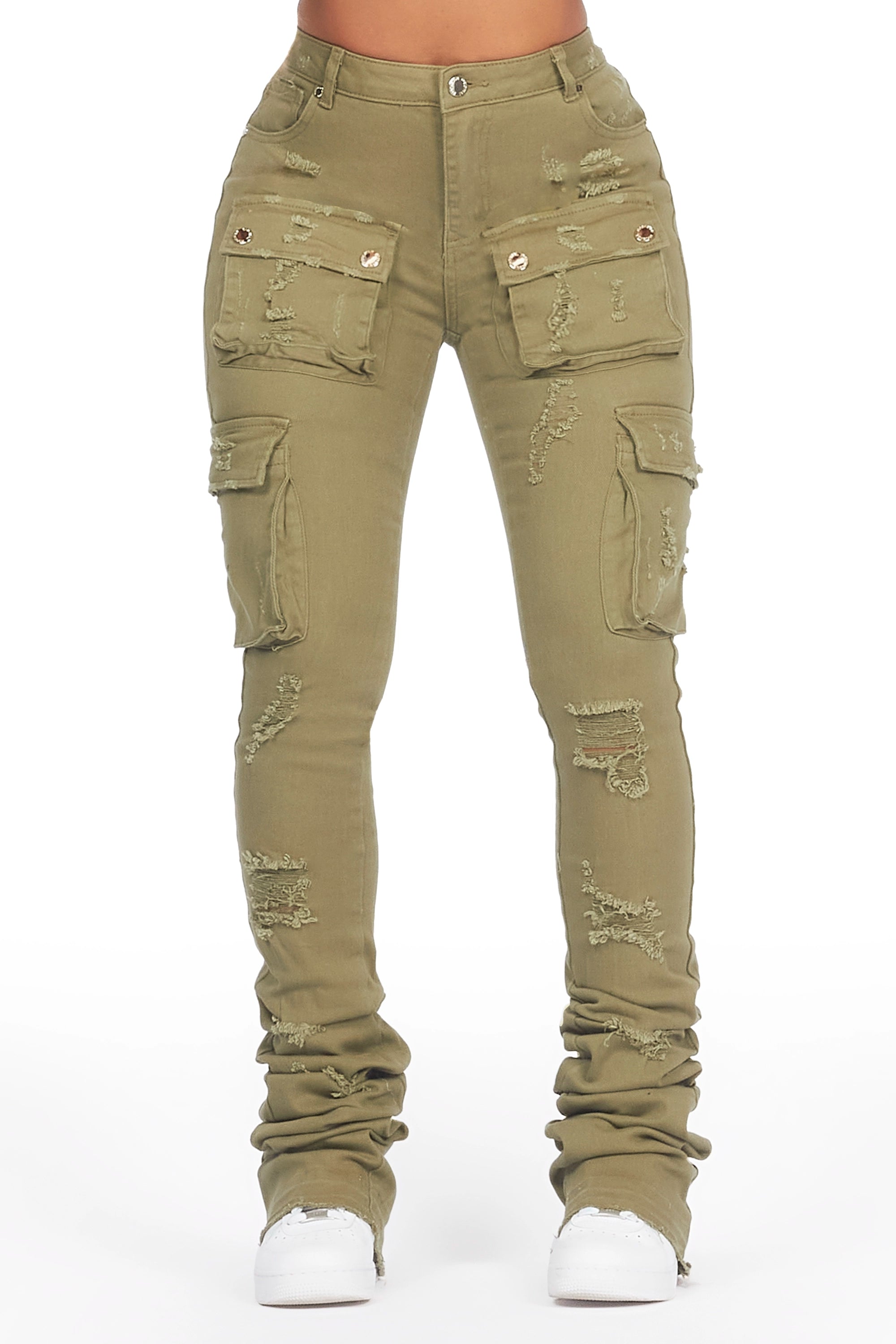 Noor Olive Cargo Super Stacked Jean Trendy Plus Size Jeans